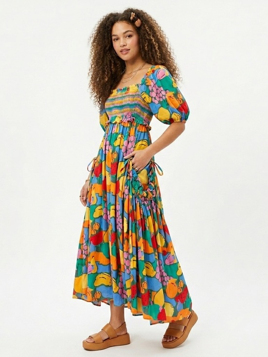 FARM Rio Dresses & Skirts - Farm Rio Fruit Print Smocked Cutout Maxi Dress M Multi